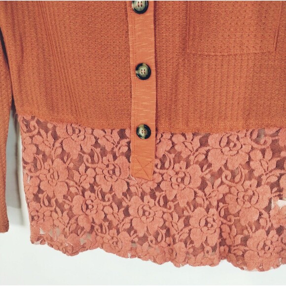 Thermal Top Size S Long Sleeve Henley  Lace Rib Knit Pinky Rust Cottage Y2K Retr - Picture 2 of 11